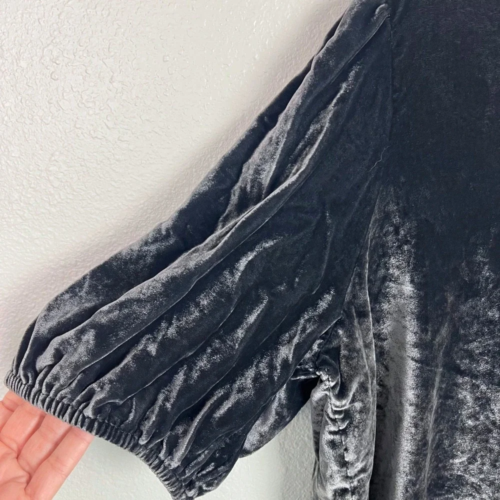 LOFT Womens XL Charcoal Grey Velvet V-Neck Puff Sleeve Blouse Top Holiday Luxe
